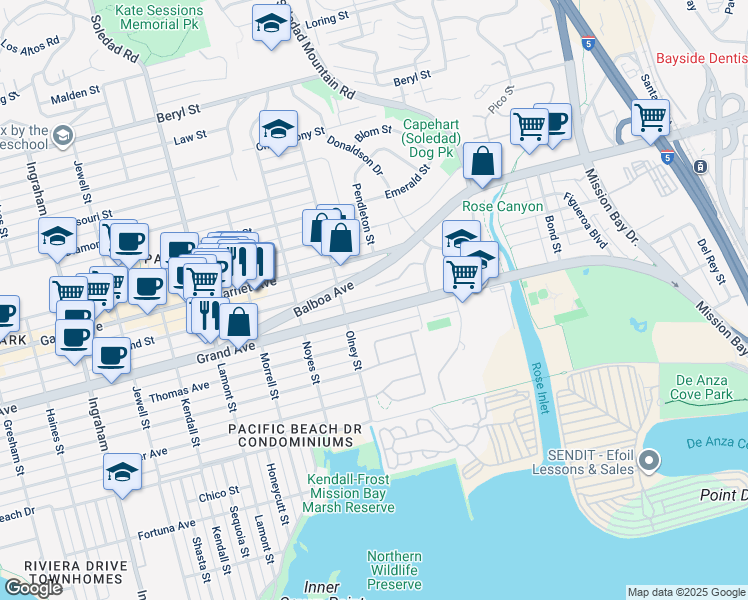 map of restaurants, bars, coffee shops, grocery stores, and more near 2241 Grand Avenue in San Diego