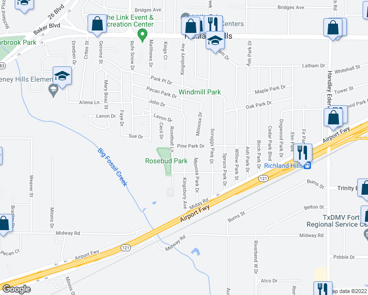 map of restaurants, bars, coffee shops, grocery stores, and more near 2765 Kingsbury Ave in Richland Hills