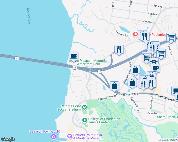 map of restaurants, bars, coffee shops, grocery stores, and more near 9 Harry M. Hallman Junior Boulevard in Mount Pleasant