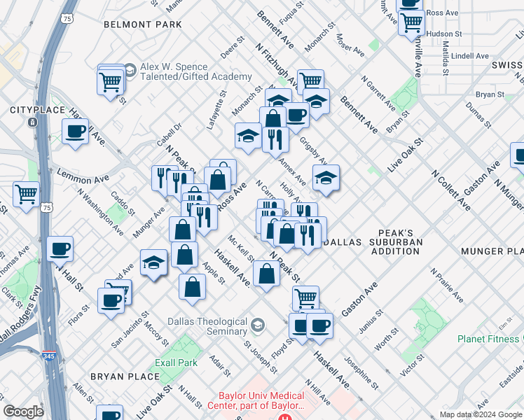 map of restaurants, bars, coffee shops, grocery stores, and more near 1513 North Peak Street in Dallas