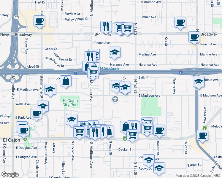 map of restaurants, bars, coffee shops, grocery stores, and more near 1022 East Madison Avenue in El Cajon