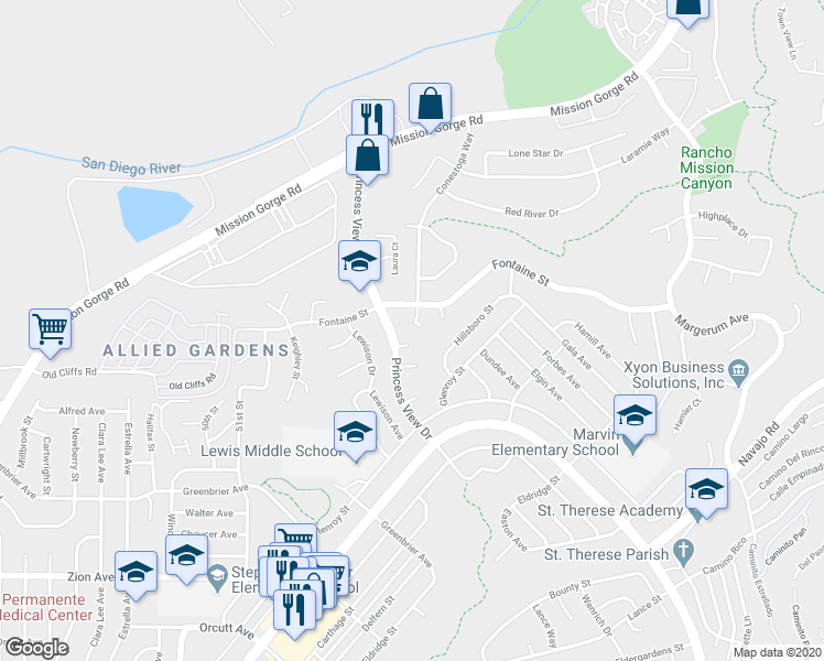 map of restaurants, bars, coffee shops, grocery stores, and more near 5465 Princess View Way in San Diego
