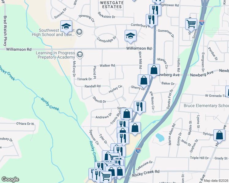 map of restaurants, bars, coffee shops, grocery stores, and more near 3564 Travis Boulevard in Macon