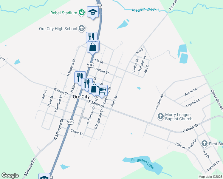 map of restaurants, bars, coffee shops, grocery stores, and more near 205 Front Street in Ore City