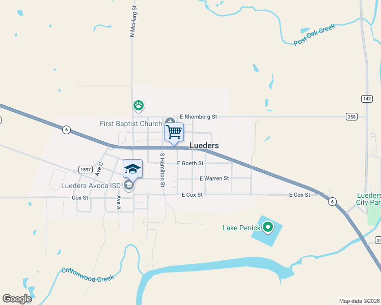 map of restaurants, bars, coffee shops, grocery stores, and more near 517 East Goeth Street in Lueders