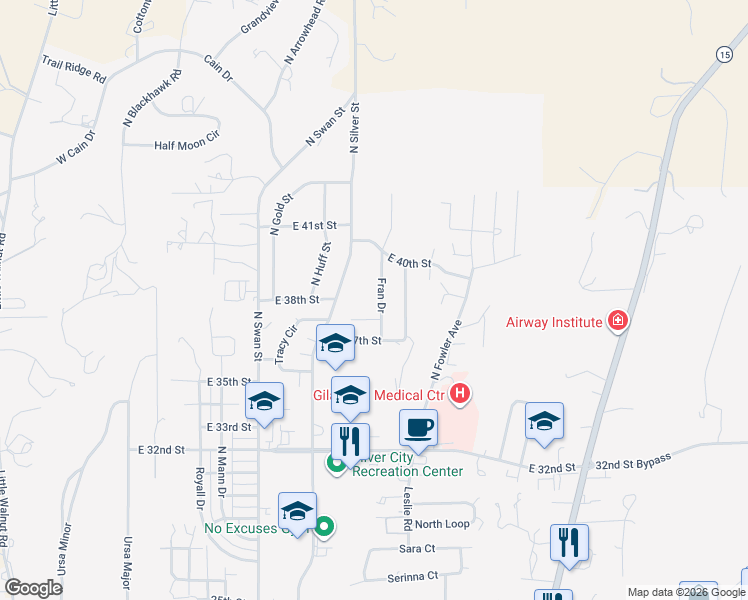 map of restaurants, bars, coffee shops, grocery stores, and more near 3716 Fran Drive in Silver City