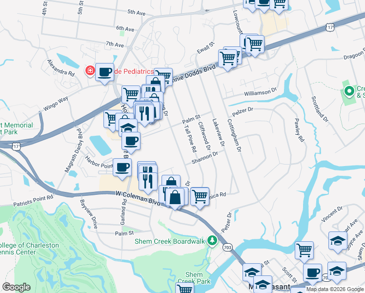 map of restaurants, bars, coffee shops, grocery stores, and more near 983 Lansing Drive in Mount Pleasant