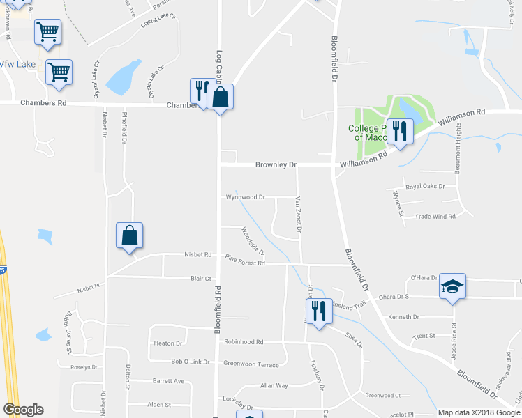 map of restaurants, bars, coffee shops, grocery stores, and more near 3425 Pine Haven Drive in Macon