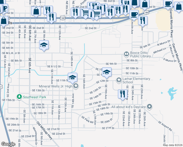 map of restaurants, bars, coffee shops, grocery stores, and more near 1714 Southeast 11th Street in Mineral Wells