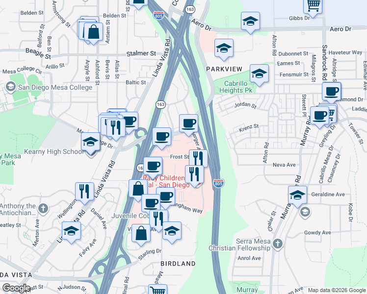 map of restaurants, bars, coffee shops, grocery stores, and more near 8008 Frost Street in San Diego