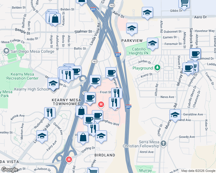 map of restaurants, bars, coffee shops, grocery stores, and more near 8008 Frost Street in San Diego