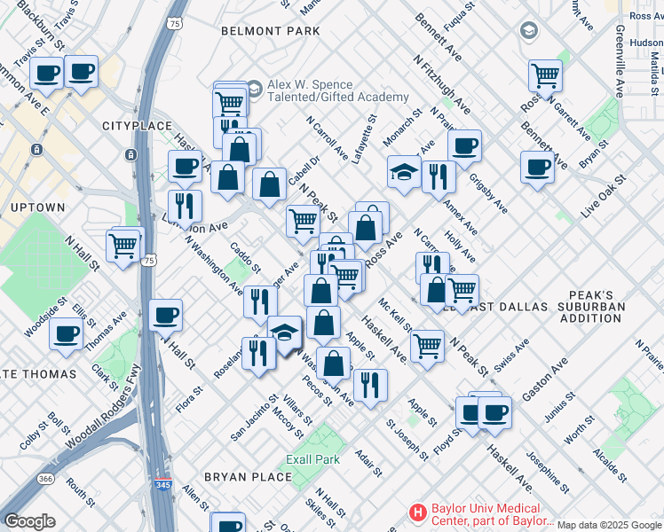 map of restaurants, bars, coffee shops, grocery stores, and more near 4016 Roseland Avenue in Dallas