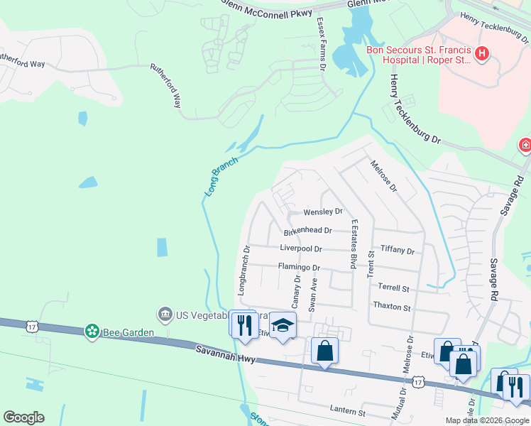 map of restaurants, bars, coffee shops, grocery stores, and more near 2537 Birkenhead Road in Charleston