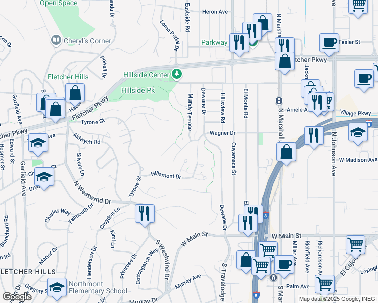 map of restaurants, bars, coffee shops, grocery stores, and more near 470 Hillsmont Place in El Cajon