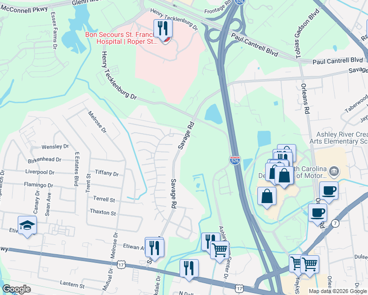 map of restaurants, bars, coffee shops, grocery stores, and more near 878 Savage Road in Charleston