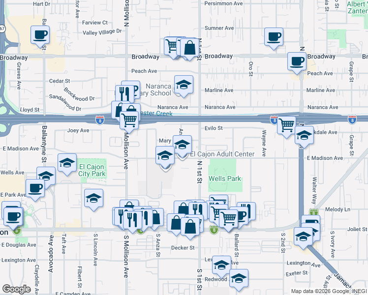 map of restaurants, bars, coffee shops, grocery stores, and more near 1072 East Madison Avenue in El Cajon