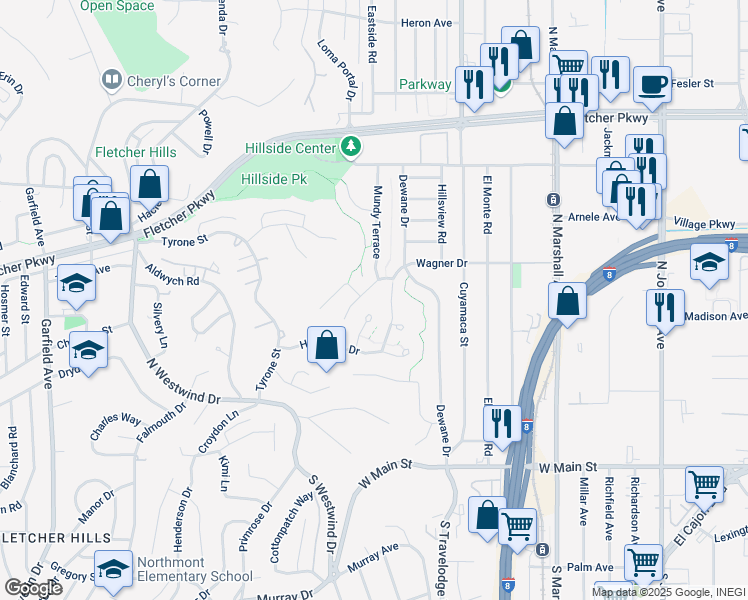map of restaurants, bars, coffee shops, grocery stores, and more near 470 Hillsmont Place in El Cajon