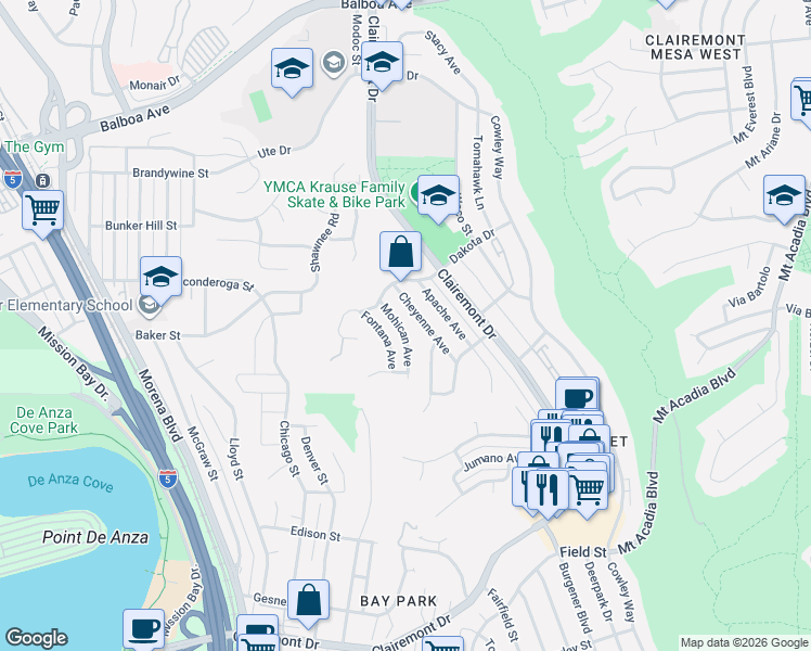 map of restaurants, bars, coffee shops, grocery stores, and more near 3305 Mohican Avenue in San Diego