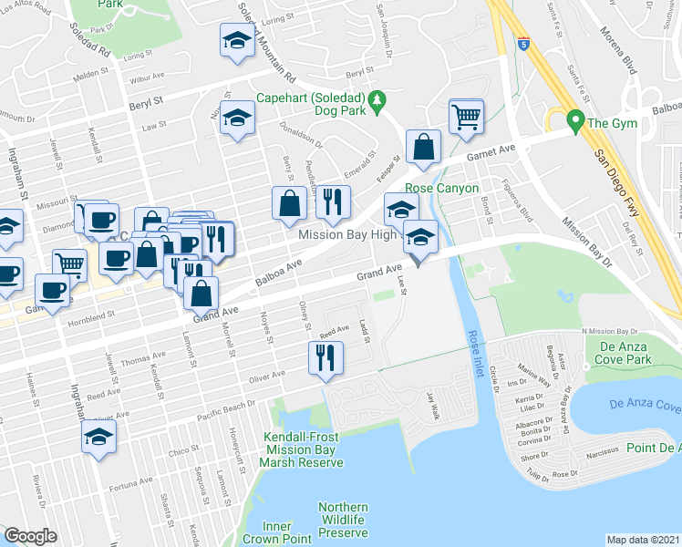 map of restaurants, bars, coffee shops, grocery stores, and more near 2241 Grand Avenue in San Diego