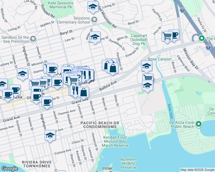 map of restaurants, bars, coffee shops, grocery stores, and more near in San Diego