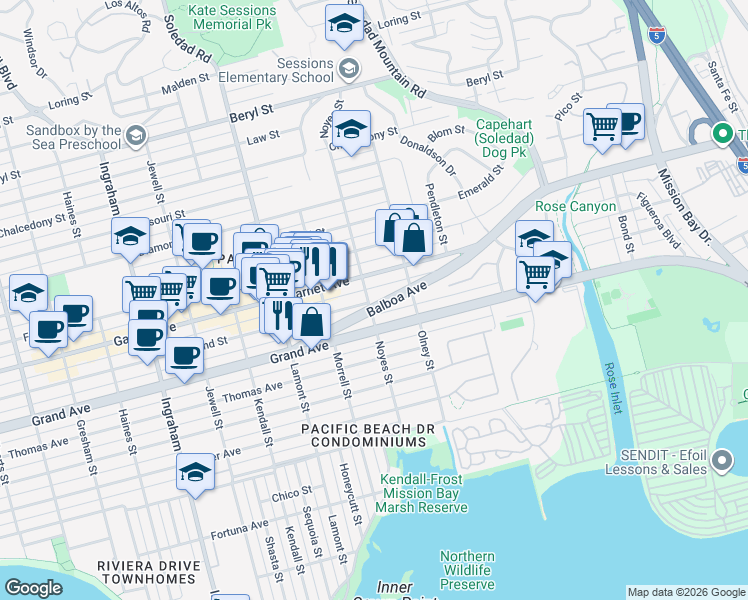 map of restaurants, bars, coffee shops, grocery stores, and more near 2131 Balboa Avenue in San Diego