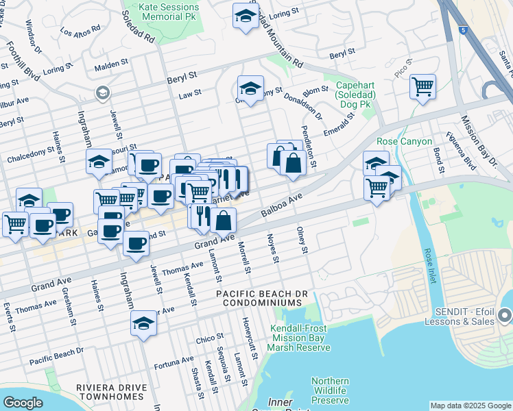 map of restaurants, bars, coffee shops, grocery stores, and more near 2034 Balboa Avenue in San Diego