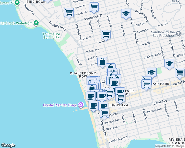 map of restaurants, bars, coffee shops, grocery stores, and more near 4751 Mission Boulevard in San Diego