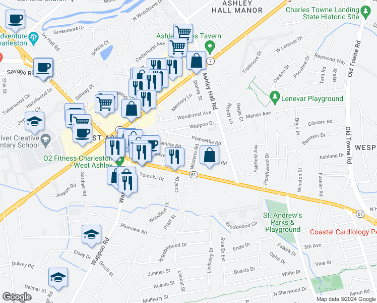 map of restaurants, bars, coffee shops, grocery stores, and more near 1219 Wisteria Road in Charleston