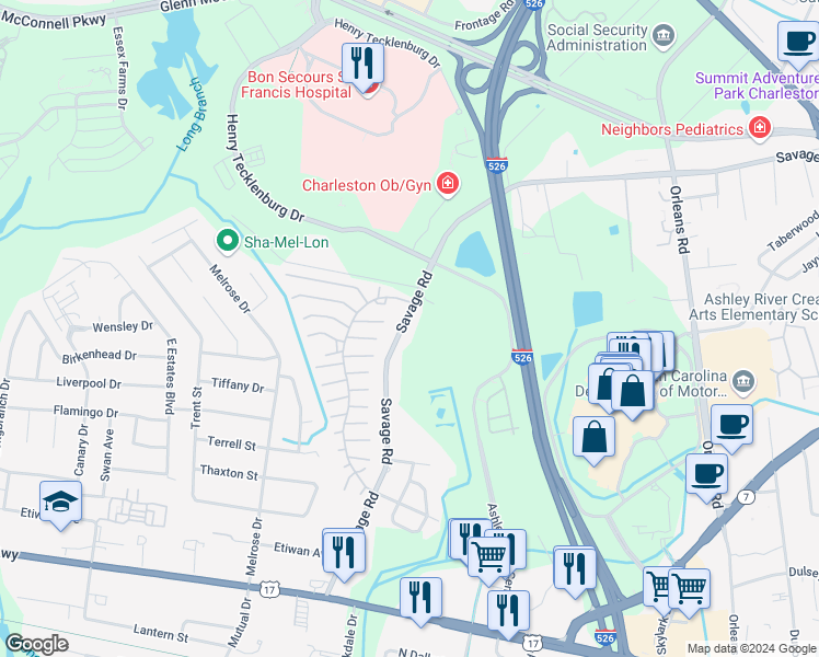 map of restaurants, bars, coffee shops, grocery stores, and more near 878 Savage Road in Charleston