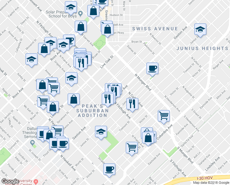 map of restaurants, bars, coffee shops, grocery stores, and more near 4901 Gaston Avenue in Dallas