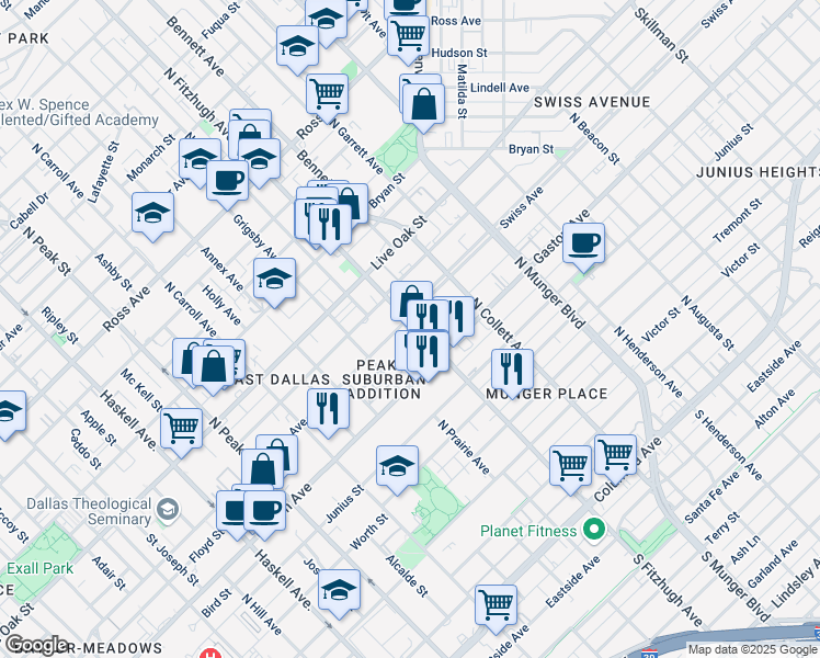 map of restaurants, bars, coffee shops, grocery stores, and more near 4830 Swiss Avenue in Dallas