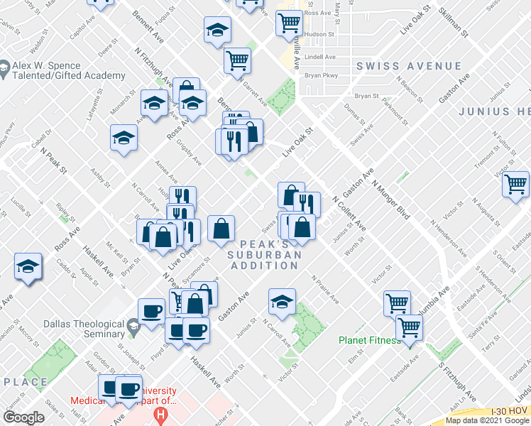 map of restaurants, bars, coffee shops, grocery stores, and more near 4803 Swiss Avenue in Dallas