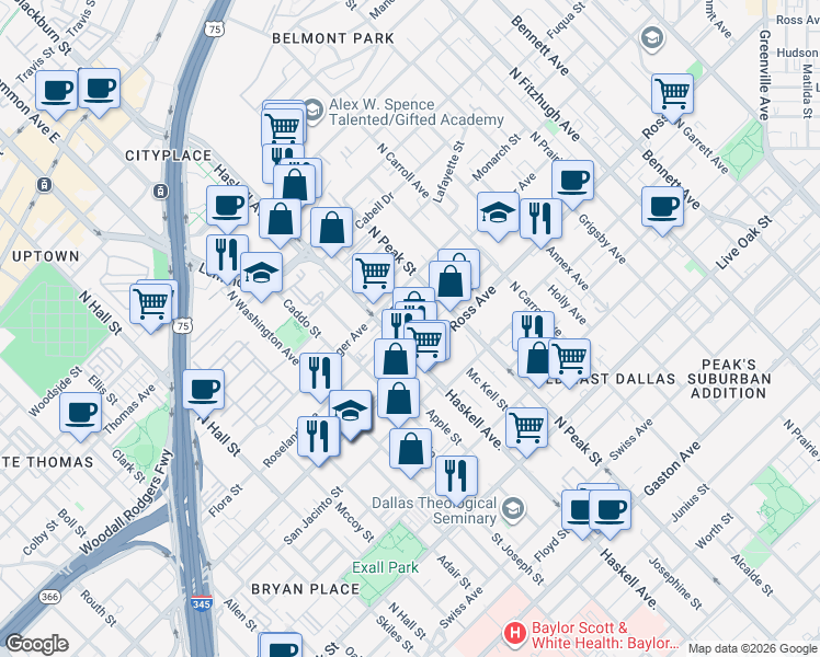 map of restaurants, bars, coffee shops, grocery stores, and more near 1725 North Haskell Avenue in Dallas