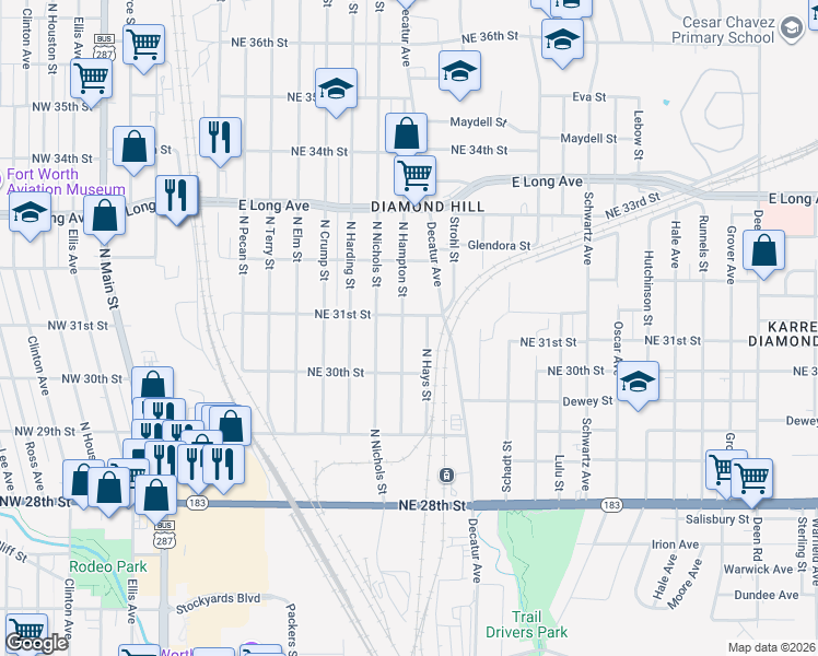 map of restaurants, bars, coffee shops, grocery stores, and more near 3112 North Hampton Street in Fort Worth