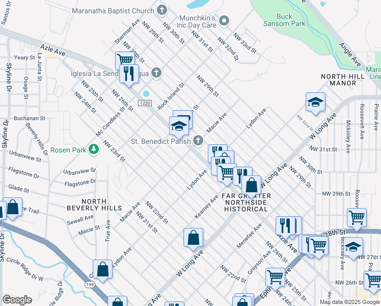 map of restaurants, bars, coffee shops, grocery stores, and more near 2922 Northwest 26th Street in Fort Worth