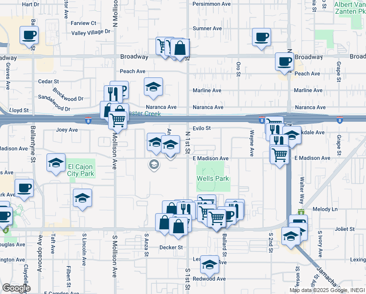 map of restaurants, bars, coffee shops, grocery stores, and more near 532 North 1st Street in El Cajon