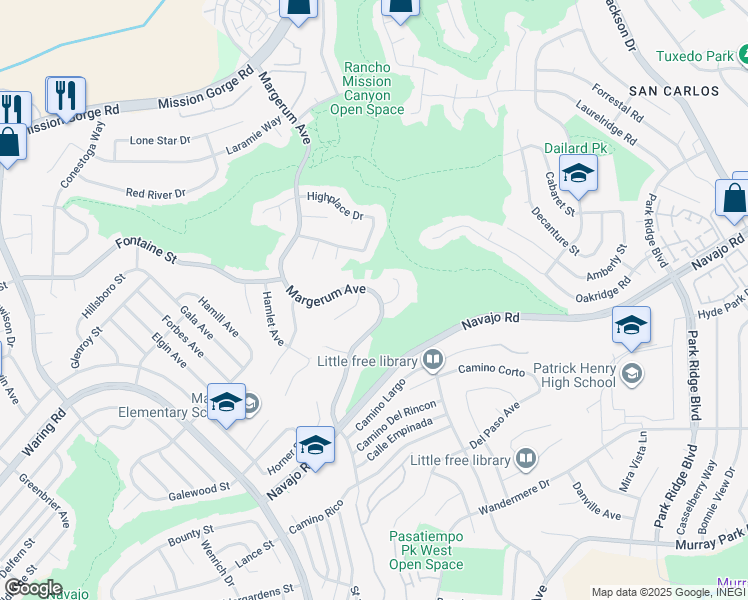 map of restaurants, bars, coffee shops, grocery stores, and more near 7310 Margerum Avenue in San Diego