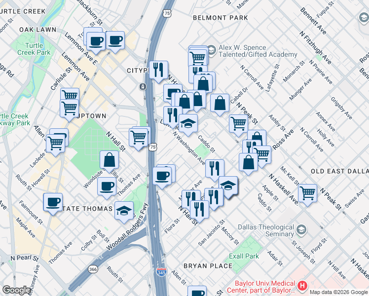 map of restaurants, bars, coffee shops, grocery stores, and more near 2255 North Washington Avenue in Dallas
