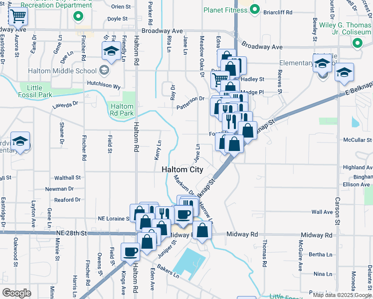 map of restaurants, bars, coffee shops, grocery stores, and more near 3001 Jane Lane in Haltom City