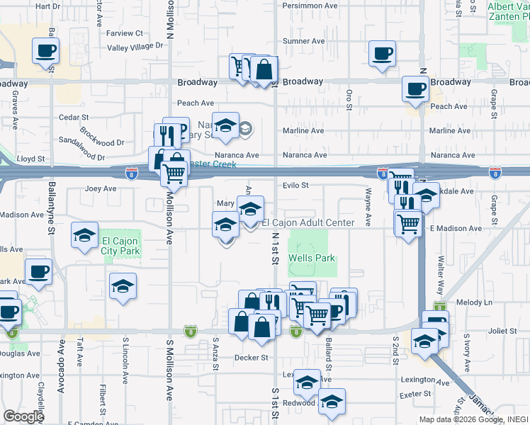 map of restaurants, bars, coffee shops, grocery stores, and more near 532 North 1st Street in El Cajon