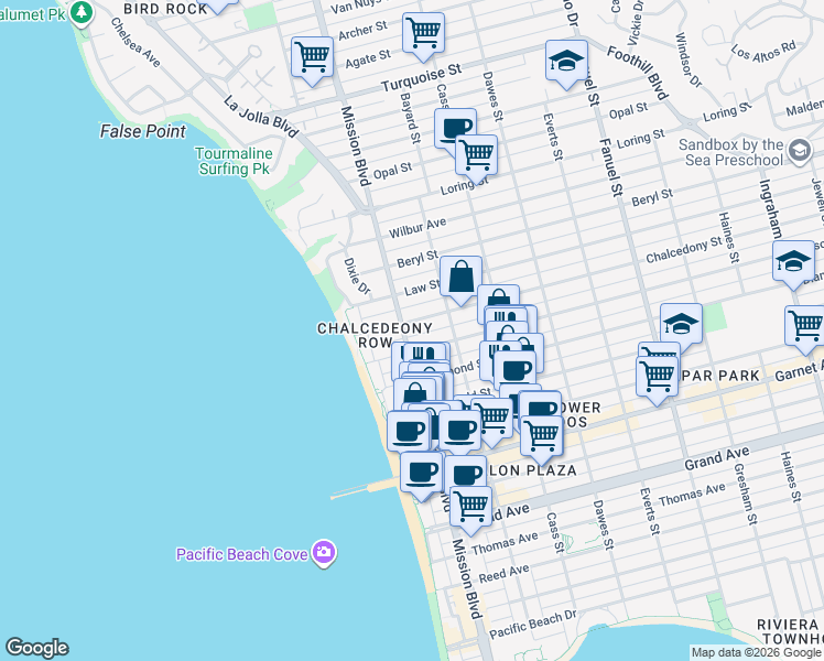 map of restaurants, bars, coffee shops, grocery stores, and more near 4751 Mission Boulevard in San Diego