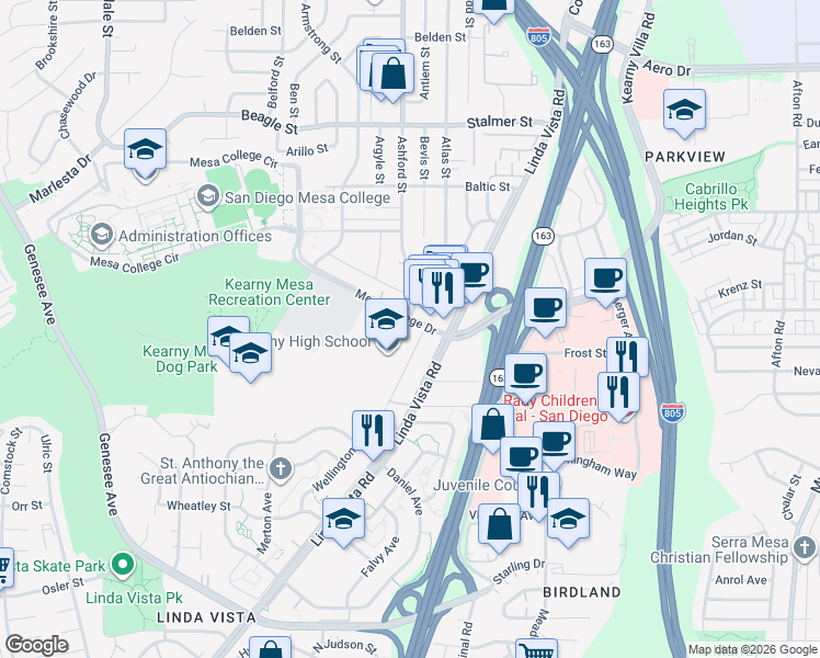 map of restaurants, bars, coffee shops, grocery stores, and more near 7651 Wellington Way in San Diego