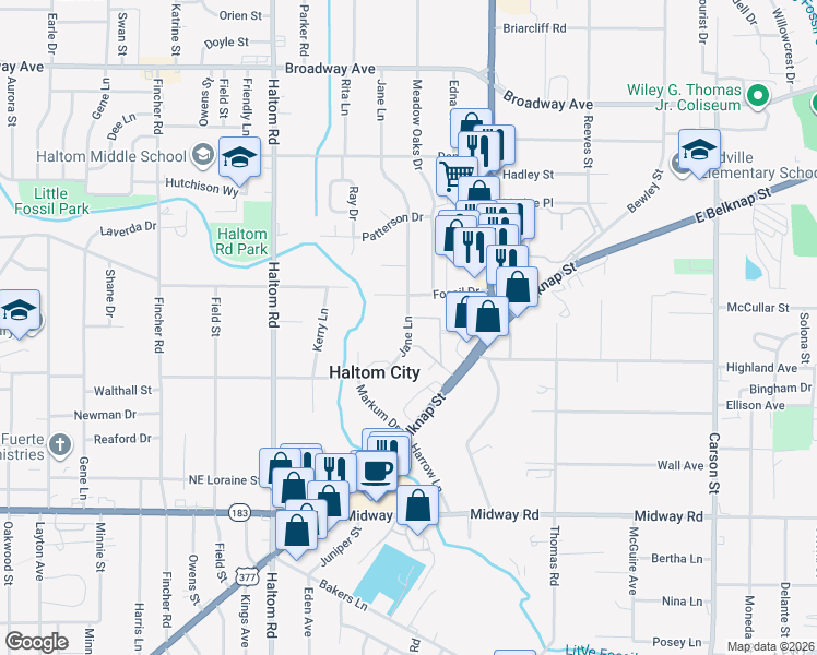 map of restaurants, bars, coffee shops, grocery stores, and more near 3000 Jane Lane in Haltom City