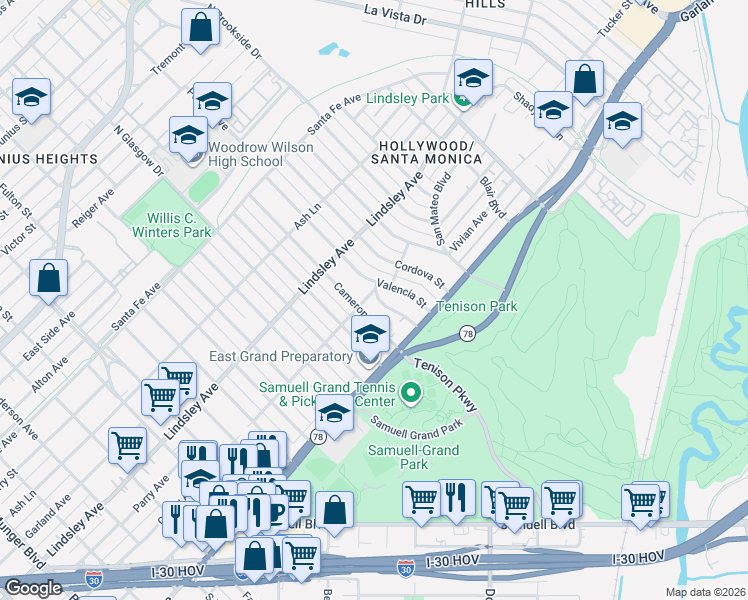 map of restaurants, bars, coffee shops, grocery stores, and more near 1016 Cameron Avenue in Dallas