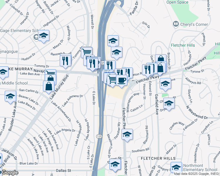 map of restaurants, bars, coffee shops, grocery stores, and more near 2816 Fletcher Parkway in El Cajon