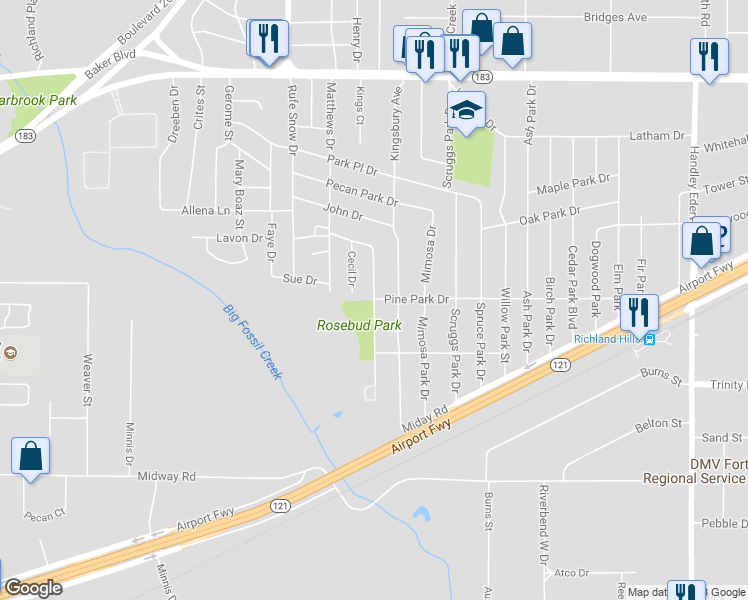 map of restaurants, bars, coffee shops, grocery stores, and more near 2799 Rosebud Lane in Richland Hills