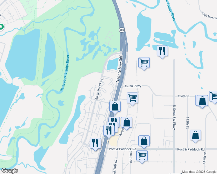 map of restaurants, bars, coffee shops, grocery stores, and more near 2825 North Highway 360 in Grand Prairie