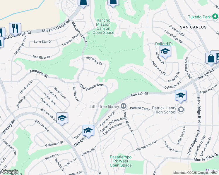 map of restaurants, bars, coffee shops, grocery stores, and more near 7303 Margerum Avenue in San Diego