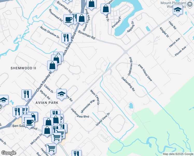 map of restaurants, bars, coffee shops, grocery stores, and more near 1221 Llewellyn Road in Mount Pleasant