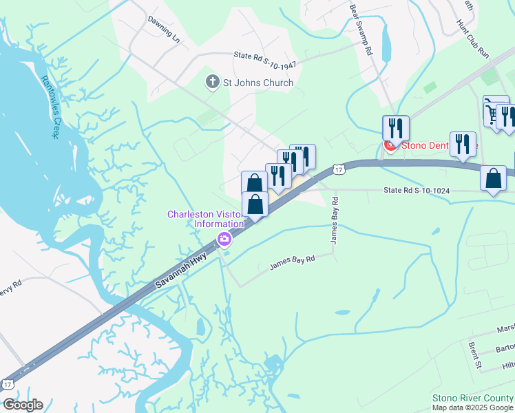 map of restaurants, bars, coffee shops, grocery stores, and more near 3896 Savannah Highway in Johns Island